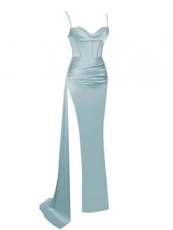 Miss Circle Elayna Pale Blue Strappy Satin Corset High Slit Gown