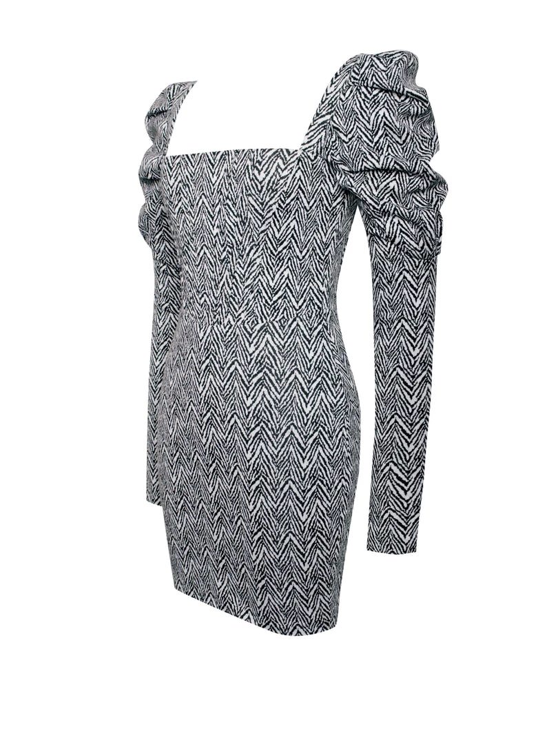 Miss Circle Petra Herringbone Puff Long Sleeve Dress