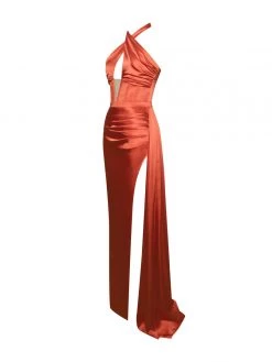 Miss Circle Wonder Poppy Satin High Slit Draping Gown