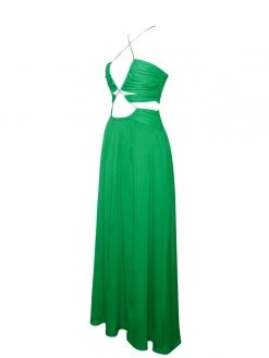 Miss Circle Quinby Green Silk Pleated Lace Up Maxi Dress Dresses