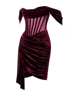 Miss Circle Corsets Irisa Burgundy Draping Off Shoulder Corset Dress