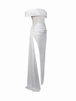Miss Circle Corsets Norma White Off Shoulder Crystallized Corset Satin Gown