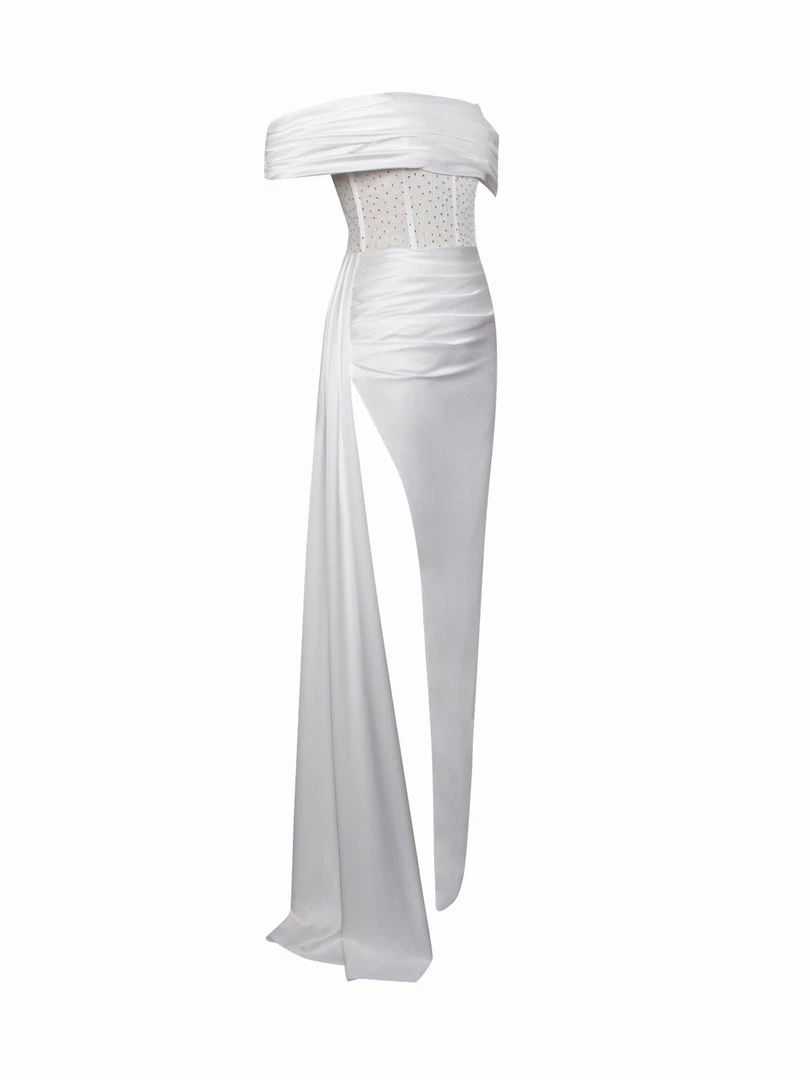 Miss Circle Corsets Norma White Off Shoulder Crystallized Corset Satin Gown