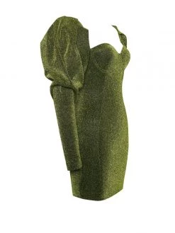 Miss Circle Verina Green Metallic Puff Shoulder Dress
