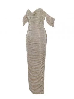 Miss Circle New In Gene Gold Ruched Off Shoulder Chiffon Dress