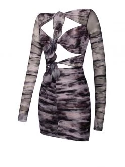 Miss Circle Sonia Grey Print Mesh Long Sleeve Dress