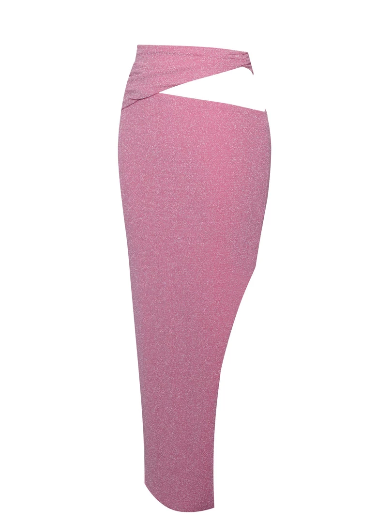 Miss Circle Toira Salmon Pink Metallic Cutout Jersey Skirt Bottoms