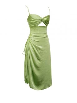 Miss Circle New In Keira Olive Twist Front Side Slit Satin Dress