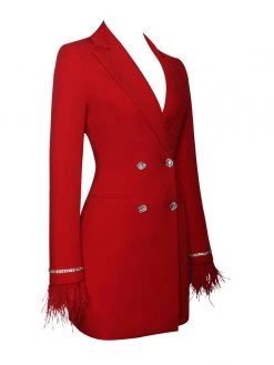 Miss Circle Quilla Red Feather Crystal Sleeve Backless Blazer Dress Dresses