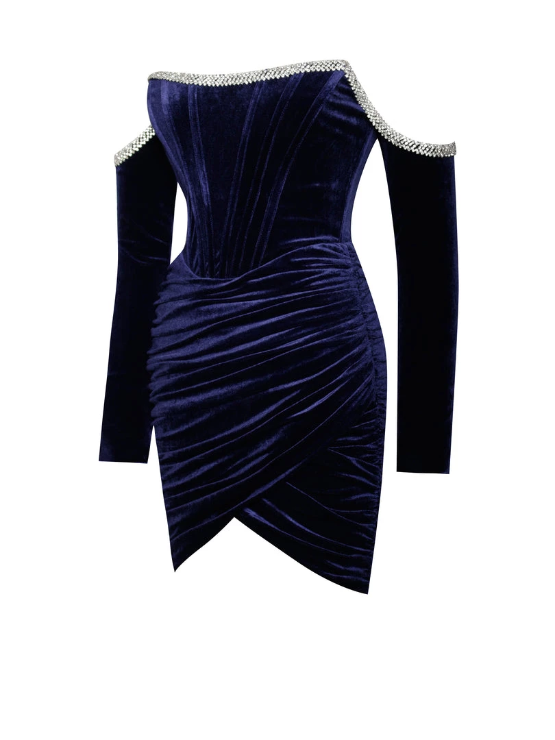 Miss Circle Odette Navy Velvet Off Shoulder Corset Dress With Crystal Trim