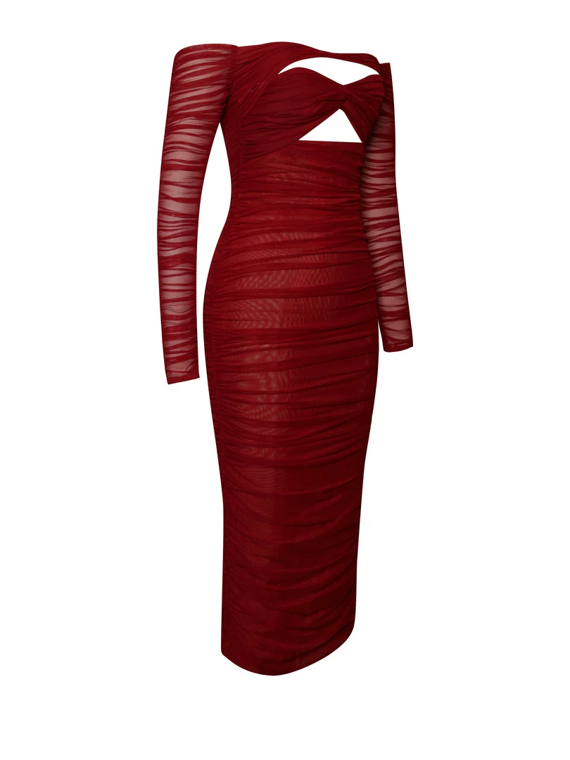 Miss Circle Terra Burgundy Mesh Off Shoulder Cutout Midi Dress Dresses