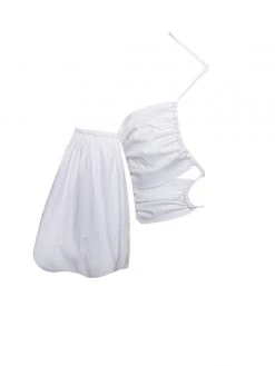 Miss Circle Romy White Lace Up Halter Neck Puff Sleeve Top New In