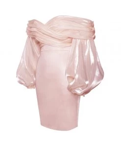 Miss Circle Jacey Peach Off Shoulder Balloon Sleeve Dress New In