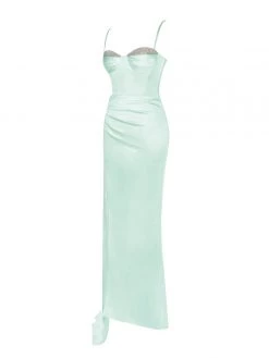 Miss Circle Corsets Vanity Mint Satin High Slit Draping Corset Gown With Crystals