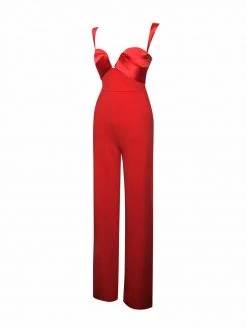 Miss Circle Onika Red Satin And Crepe Jumpsuit New In
