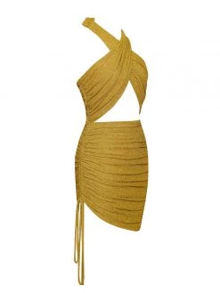 Miss Circle Ulani Gold Metallic Twist Neck Mini Dress Dresses