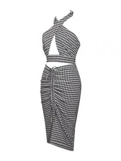 Miss Circle Dresses Hayden Houndstooth Crisscross Halter Neck Dress