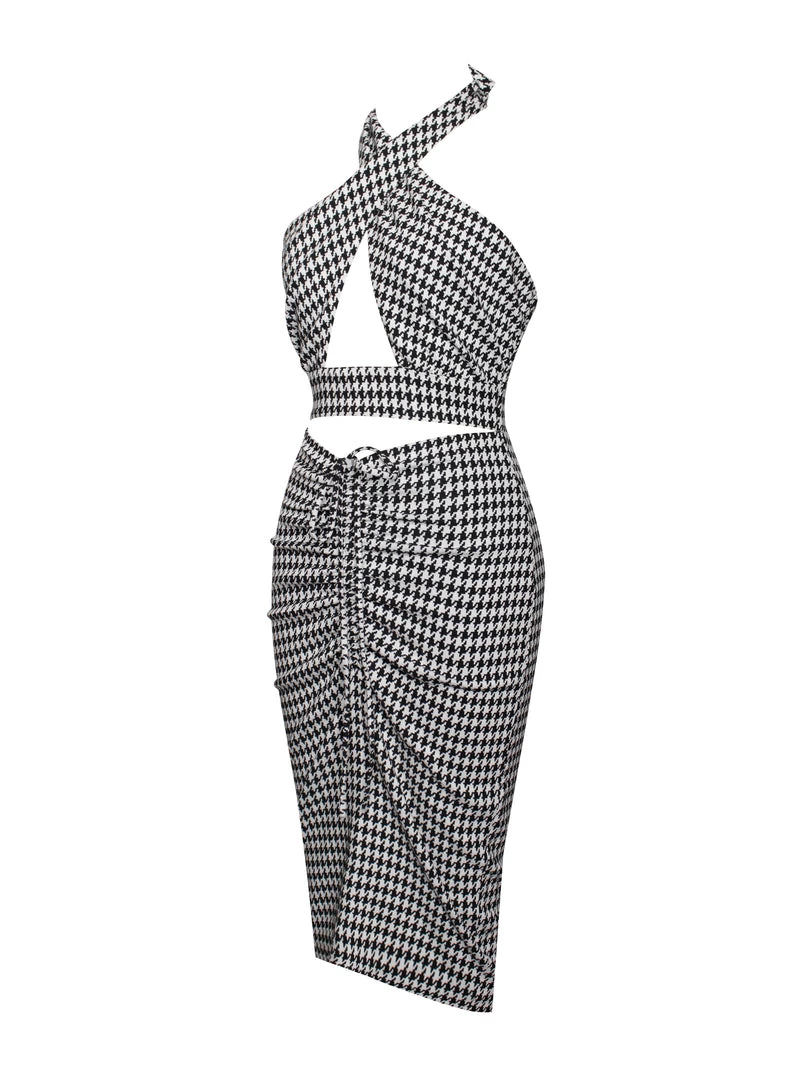 Miss Circle Dresses Hayden Houndstooth Crisscross Halter Neck Dress