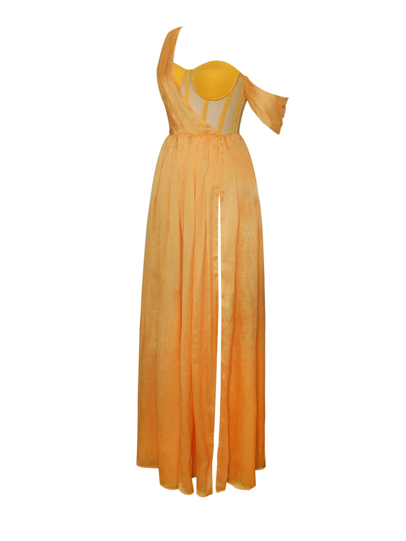 Miss Circle Back In Style Orange Silk Pleated Corset High Slit Maxi Dress