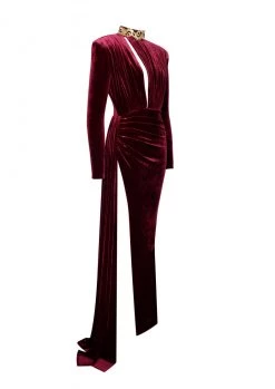 Miss Circle Zenaida Burgundy Cutout High Slit Velvet Gown
