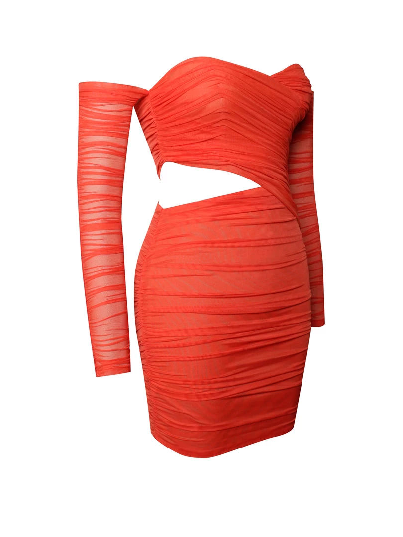 Miss Circle Dresses Mayara Scarlet Off Shoulder Mesh Cutout Dress