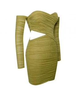 Miss Circle Mayara Mustard Off Shoulder Mesh Cutout Dress Dresses