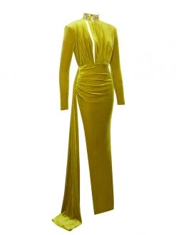 Miss Circle Zenaida Gold Cutout High Slit Velvet Gown