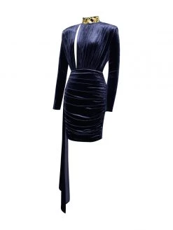 Miss Circle Gracyn Blue Cutout Long Sleeve Draping Velvet Dress Dresses