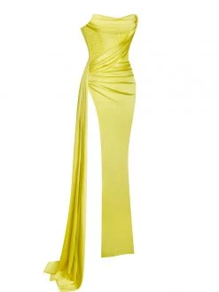 Miss Circle Holly Lemon Crystallized Corset High Slit Satin Gown