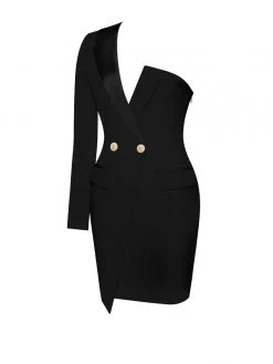 Miss Circle Keep One Up One Sleeved Black Crepe Tuxedo Blazer Dress