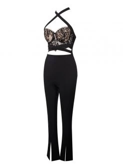 Miss Circle New In Carmela Black Lace Halter Neck Jumpsuit