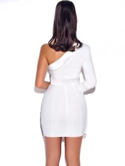 Miss Circle New In Silver Night White One Sleeved Sequin Crepe Tuxedo Blazer Dress