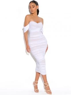 Miss Circle Quenby White Off Shoulder Mesh Maxi Dress
