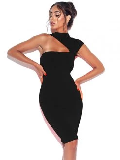 Miss Circle Dresses Jolene Black Asymmetric Neck Cutout Detail Stretch Crepe Dress