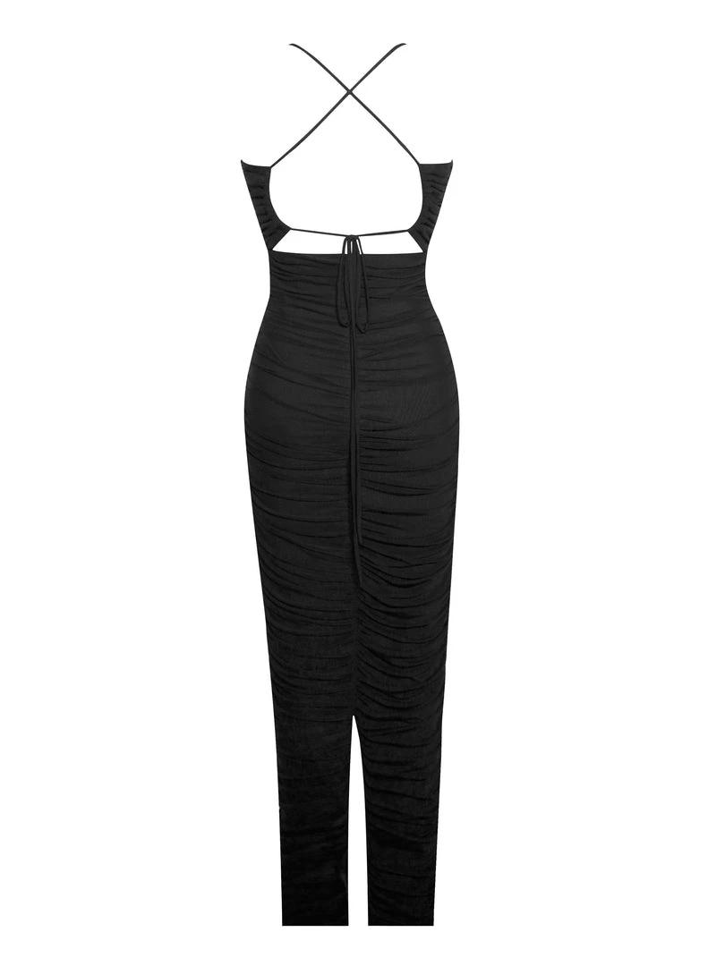 Miss Circle Felis Black Lace-up Strappy Ruched Mesh Dress Dresses