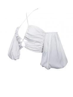 Miss Circle Romy White Lace Up Halter Neck Puff Sleeve Top New In