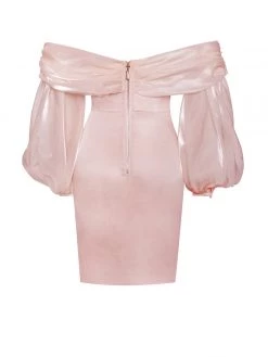 Miss Circle Jacey Peach Off Shoulder Balloon Sleeve Dress New In