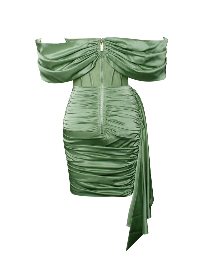 Miss Circle Corsets Kendal Basil Satin Draping Off Shoulder Corset Dress