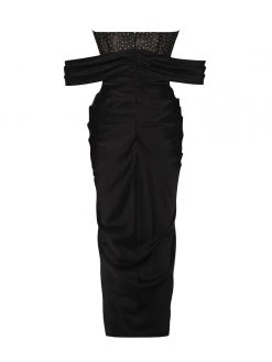 Miss Circle Stella Black Off Shoulder Crystal Corset Satin Gown