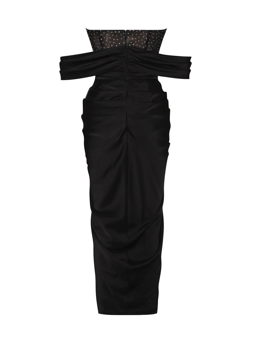 Miss Circle Stella Black Off Shoulder Crystal Corset Satin Gown