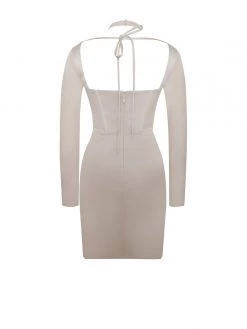 Miss Circle Jocelynn Beige Satin Mesh Long Sleeve Corset Dress