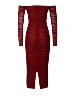 Miss Circle Terra Burgundy Mesh Off Shoulder Cutout Midi Dress Dresses