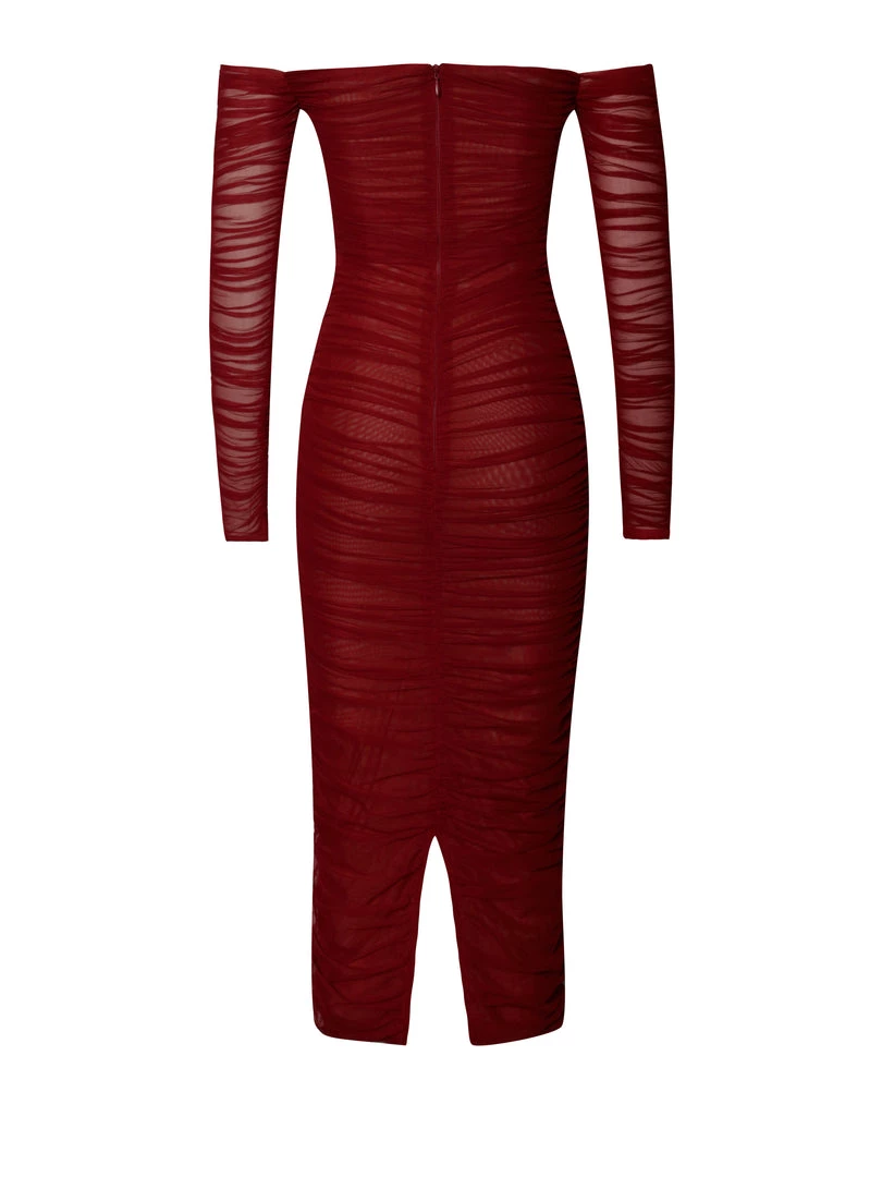 Miss Circle Terra Burgundy Mesh Off Shoulder Cutout Midi Dress Dresses