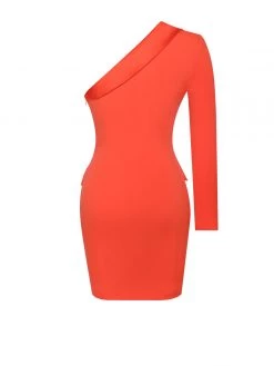 Miss Circle Keep One Up One Sleeved Orange Crepe Tuxedo Blazer Dress