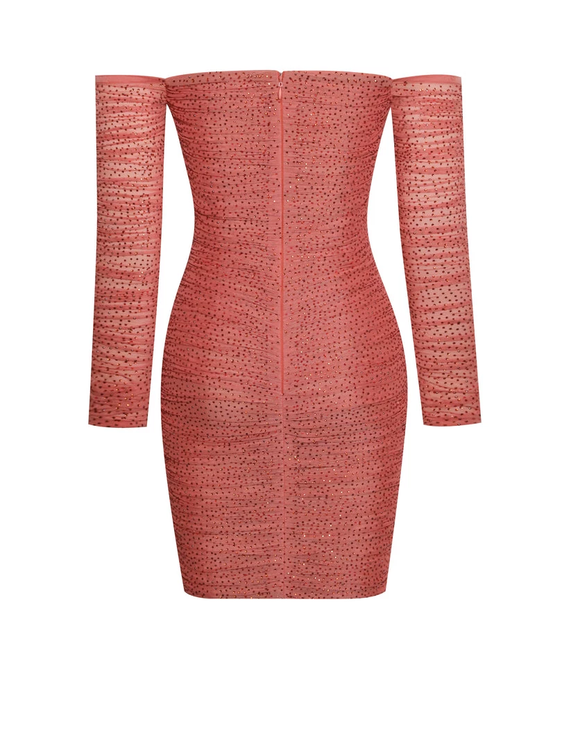 Miss Circle Dresses Blanca Poppy Off Shoulder Long Sleeve Mesh Dress With Crystals