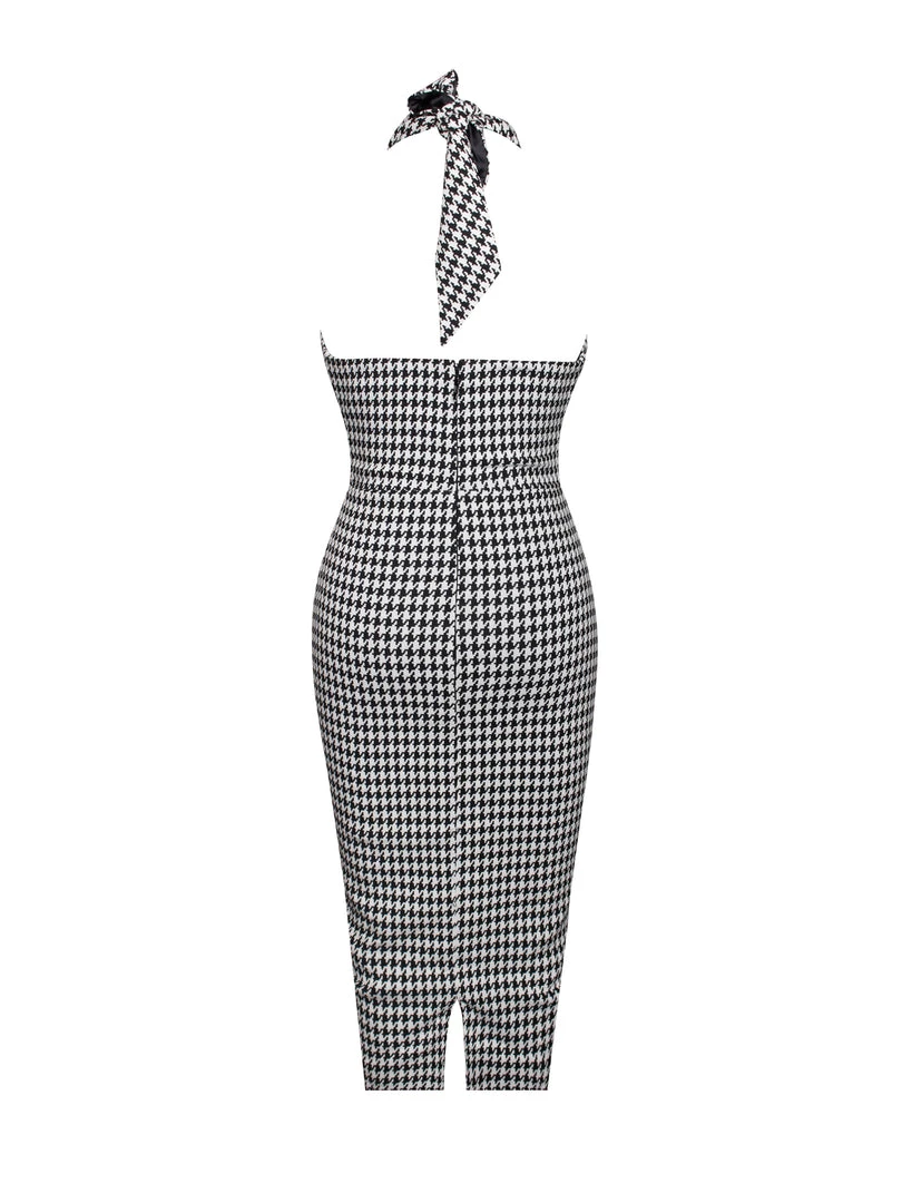 Miss Circle Dresses Hayden Houndstooth Crisscross Halter Neck Dress