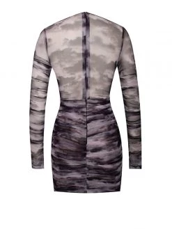 Miss Circle Sonia Grey Print Mesh Long Sleeve Dress