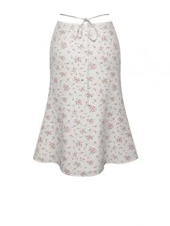 Miss Circle Mary White Floral Slit Skirt With Crystal Waist String