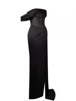 Miss Circle Rebeca Black Satin High Slit Corset Gown