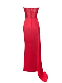 Miss Circle Holly Red Crystallized Corset High Slit Satin Gown Corsets